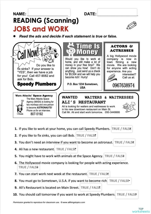 JOB AND WORK READING. Interactive worksheet | TopWorksheets