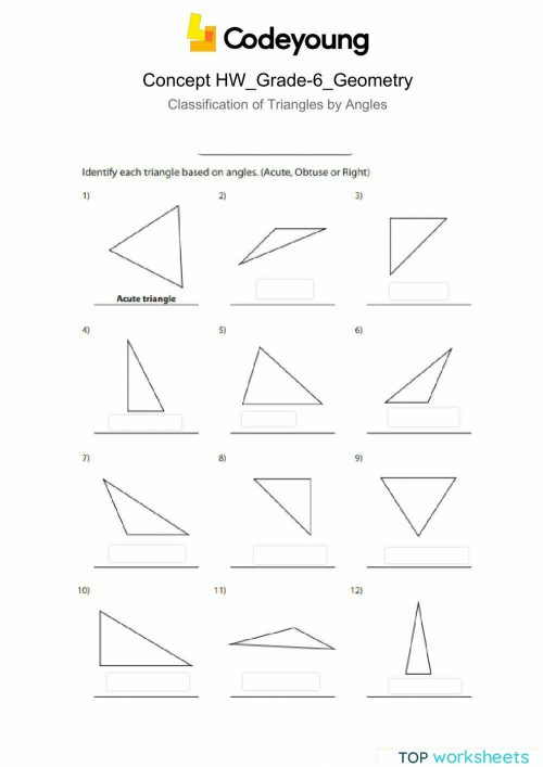 Classification of Triangles by Angles Concept Hw. Interactive worksheet