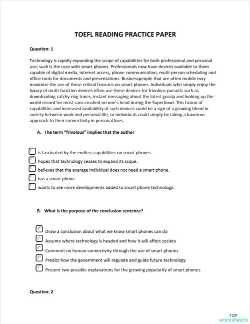 TOEFL Reading Practice Paper.. Interactive worksheet | TopWorksheets