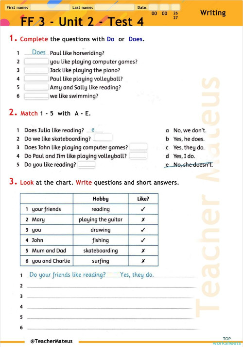 FF 3 - Unit 2 - Test 4 - Writing. Interactive worksheet | TopWorksheets