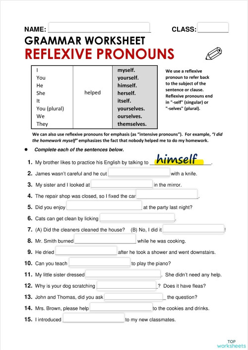 Reflexive Pronouns. Lembar kerja interaktif | TopWorksheets