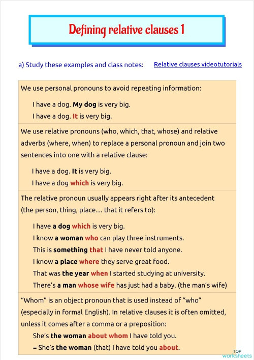 Defining relative clauses 1. Interactive worksheet | TopWorksheets