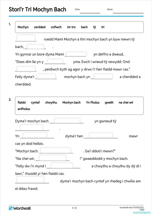 Stori'r Tri Mochyn Bach. Interactive worksheet | TopWorksheets