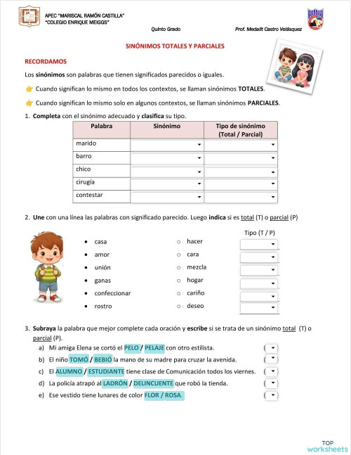 SINÓNIMOS TOTALES Y PARCIALES. Ficha interactiva | TopWorksheets