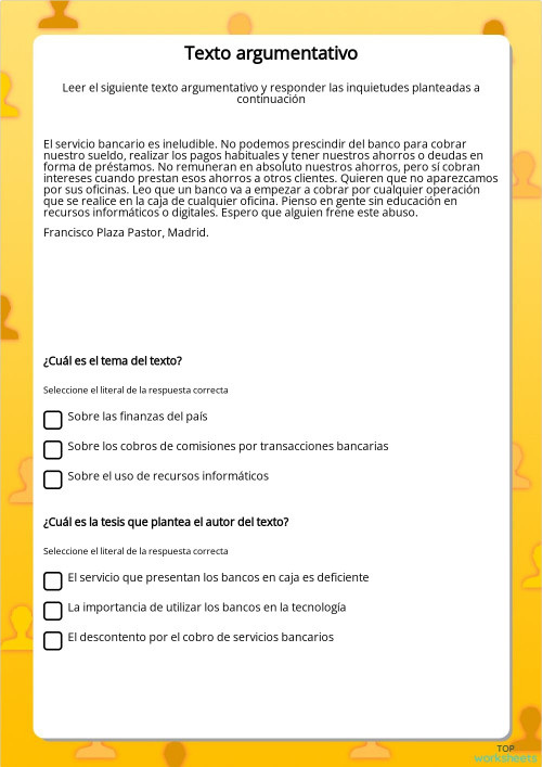 Texto argumentativo. Ficha interactiva | TopWorksheets
