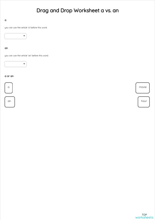 Drag and Drop Worksheet a vs. an. Interactive worksheet | TopWorksheets