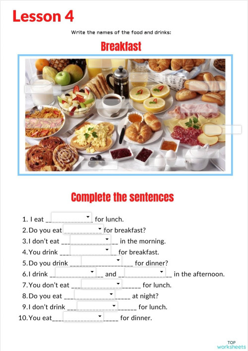 Food - Breakfast, Lunch and Dinner. Interactive worksheet | TopWorksheets