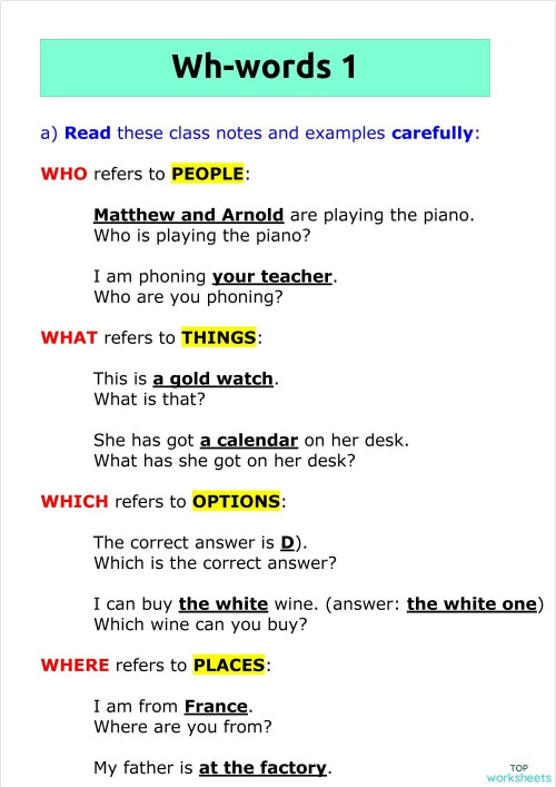 Wh words 4. Interactive worksheet | TopWorksheets