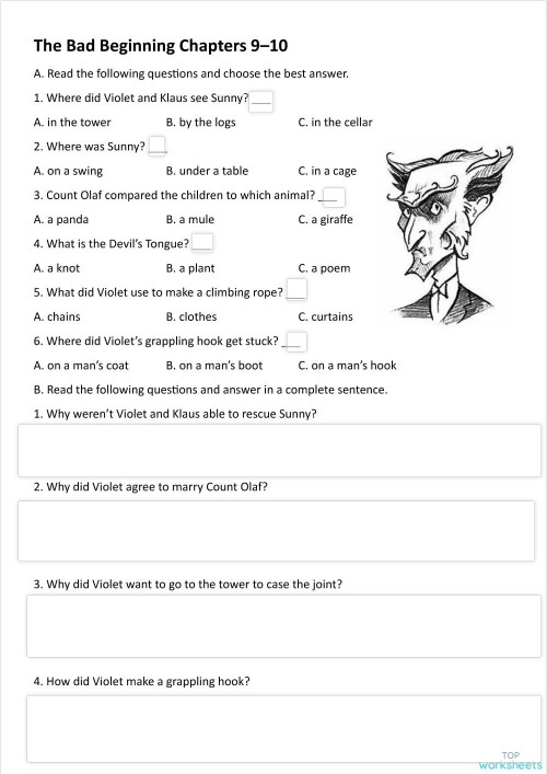 The Bad Beginning Chapters 9-10. Interactive worksheet | TopWorksheets