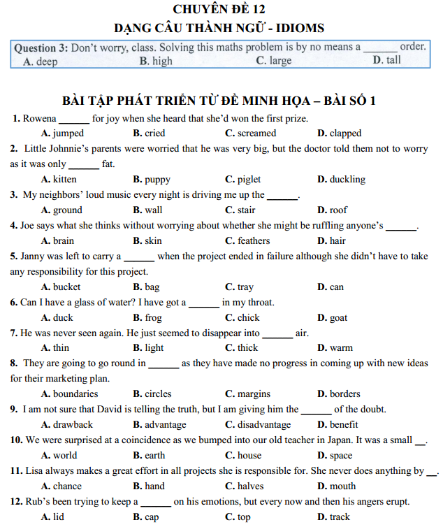 CHUYÊN ĐỀ 12 - IDIOMS. Interactive worksheet | TopWorksheets