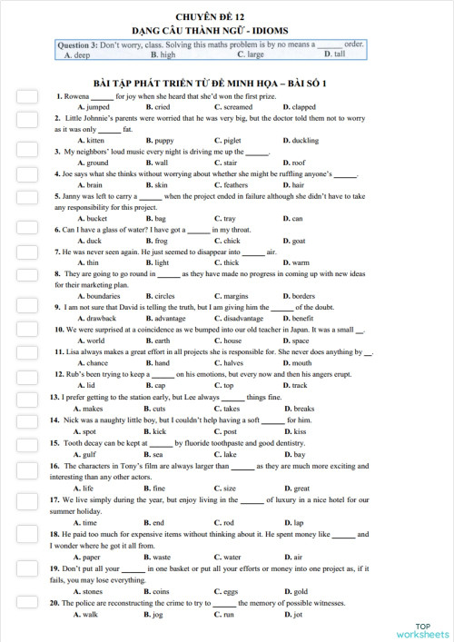 CHUYÊN ĐỀ 12 - IDIOMS. Interactive worksheet | TopWorksheets