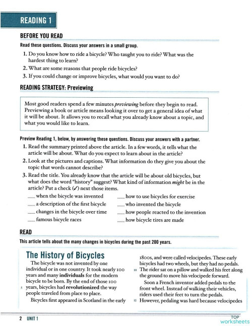 Reading practice Invention of bicycles. Interactive worksheet TopWorksheets