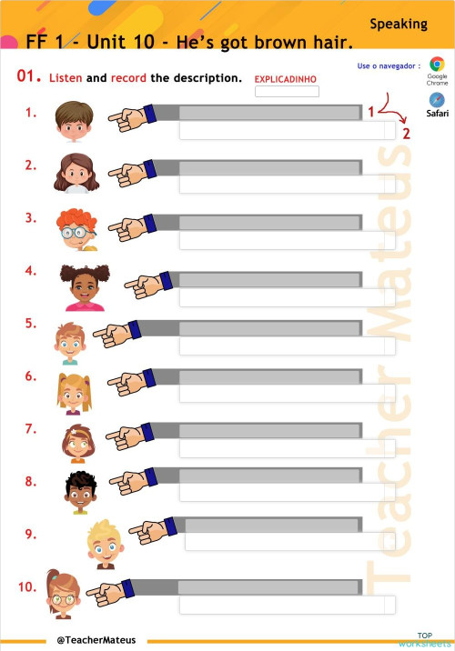 FF 1 - Unit 10 - 5 - He's got brown hair - Speaking. Interactive ...
