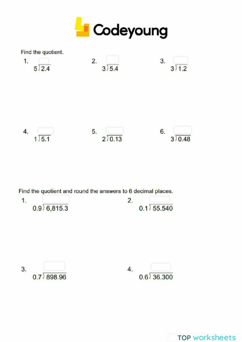 Long division method for decimals concept cw interactive worksheet
