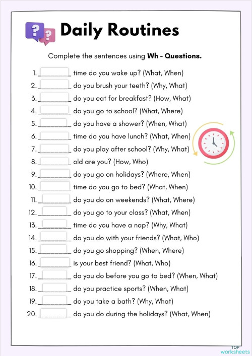 Wh questions activity worksheet. Interactive worksheet | TopWorksheets