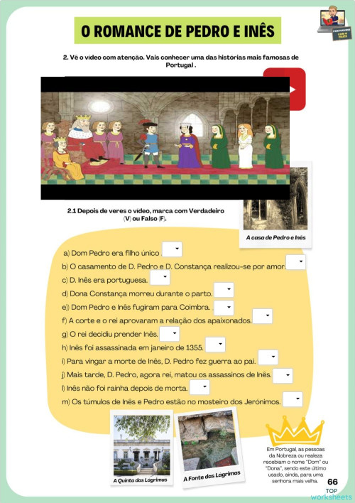 Pedro e Inês - Compreensão Audiovisual A2. Ficha interativa | TopWorksheets
