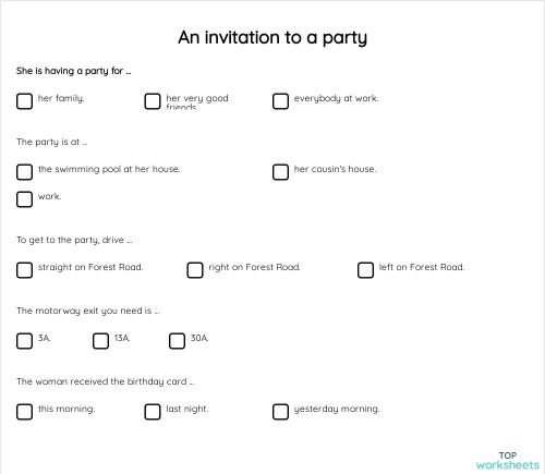 An invitation to a party. Interactive worksheet | TopWorksheets