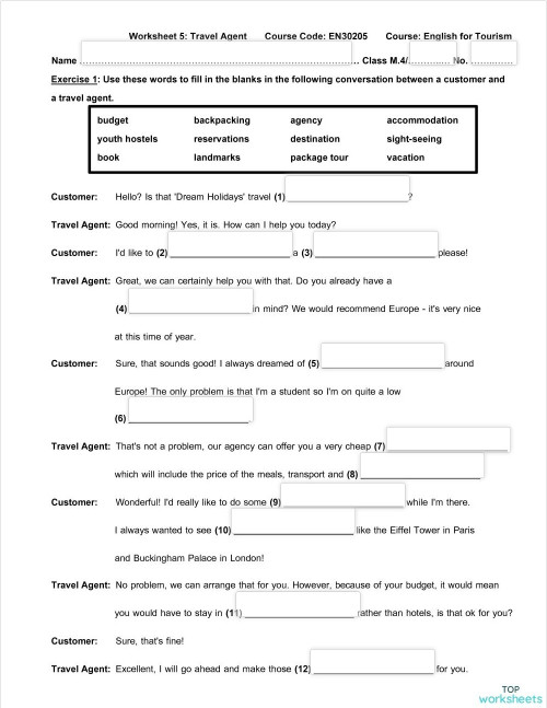 Worksheet 5: Travel Agent. Interactive worksheet | TopWorksheets