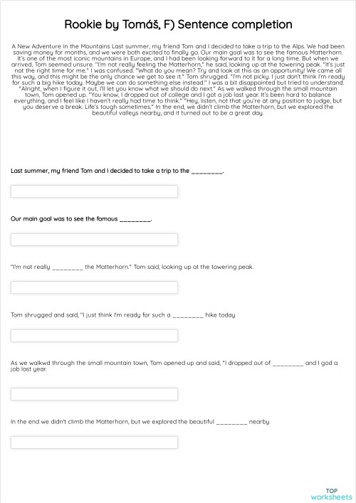 Rookie by Tomáš, F) Sentence completion. Interactive worksheet ...