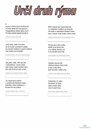 Druhy rýmů. Interaktivní pracovní list | TopWorksheets