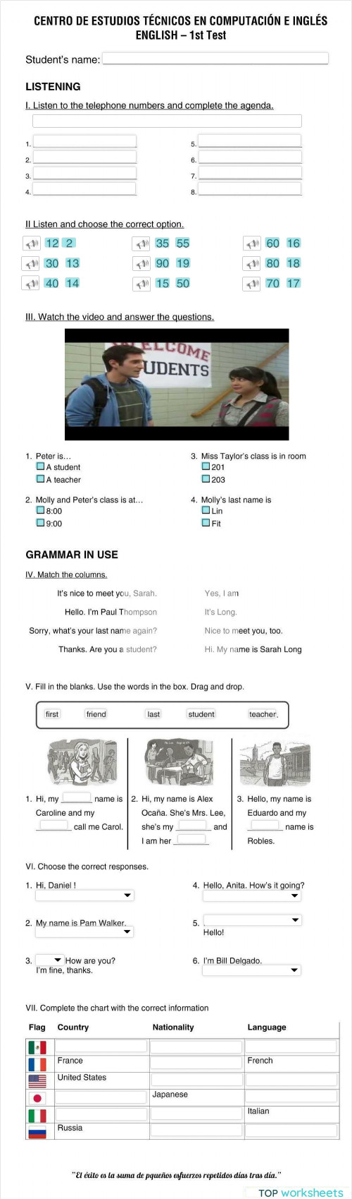 Cetec English 1st Test. Interactive worksheet | TopWorksheets