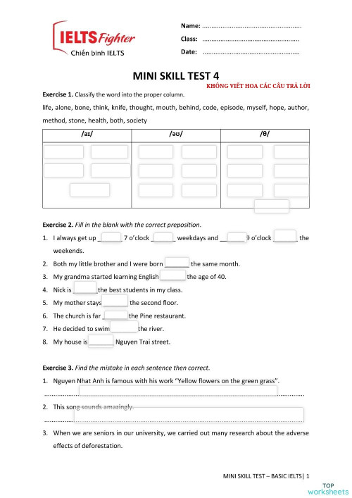 MINI SKILL TEST 4. Bài tập tương tác | TopWorksheets