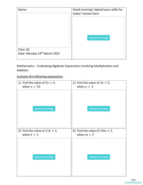 Evaluate Algebraic Expressions Involving Multiplication and Addition ...