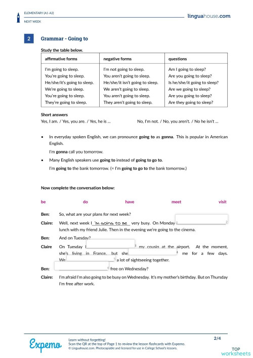 Next Week Plans - Going to. Interactive worksheet | TopWorksheets