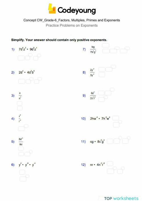 Practice Problems on Exponents Concept CW. Interactive worksheet ...