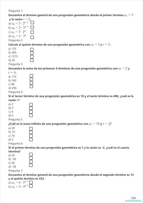 PROGRESIONES GEOMETRICAS. Ficha interactiva | TopWorksheets