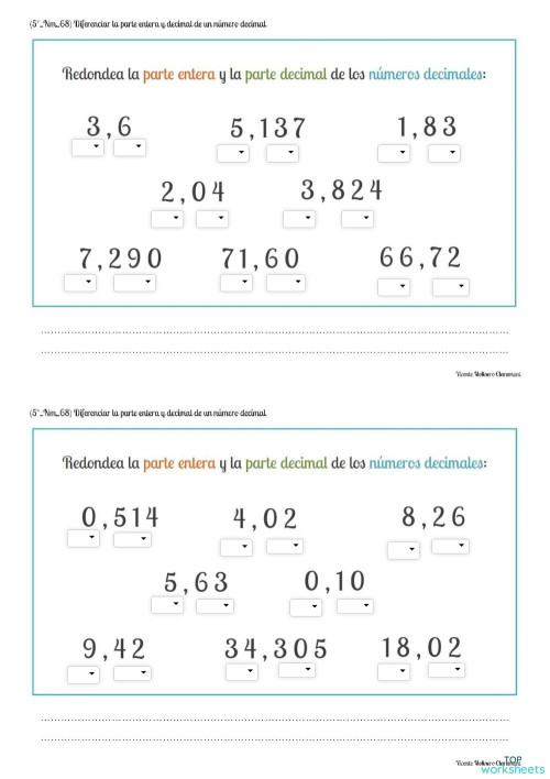 Decimales Parte Entera Y Parte Decimal Ficha Interactiva Topworksheets