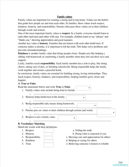 FAMILY VALUES. Interactive worksheet | TopWorksheets