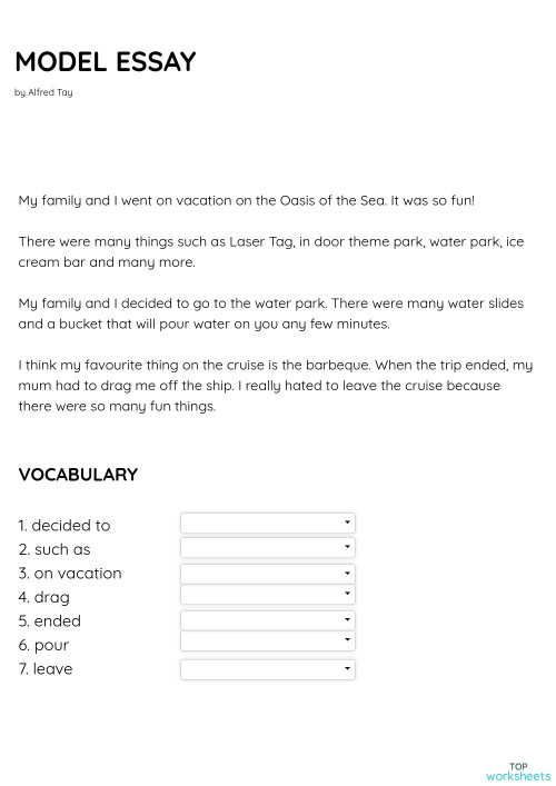 Oasis of The Seas Model Essay. Interactive worksheet TopWorksheets