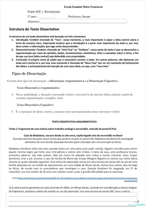 Recomposição: Texto Argumentativo. Ficha interativa | TopWorksheets