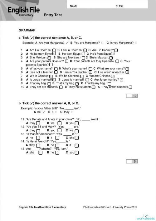 ENTRY TEST. Interactive worksheet | TopWorksheets