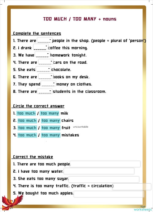 Too much Too many + nouns. Interactive worksheet | TopWorksheets