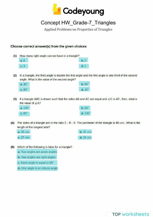 Applied Problems on Properties of Triangles Concept HW. Interactive ...