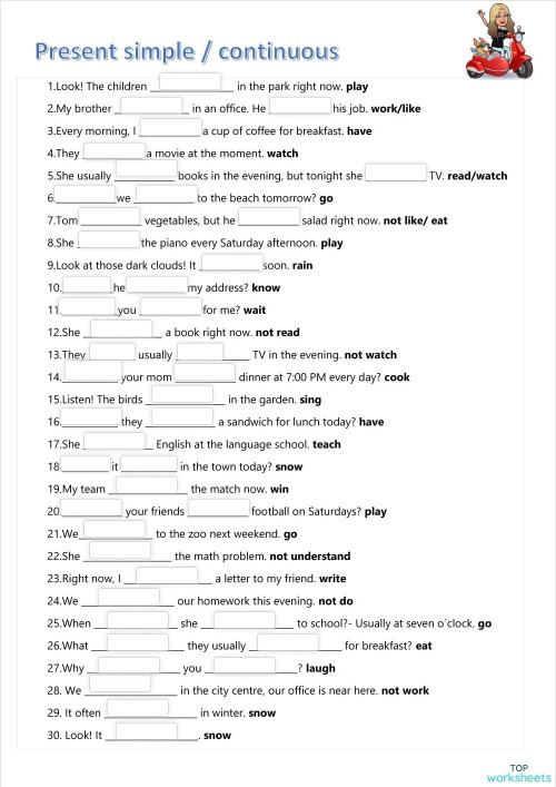 Present simple and continuous 7. Interactive worksheet | TopWorksheets