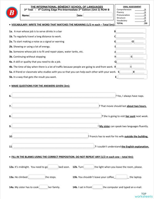 Test Nº3 Row B 4th CE.. Interactive worksheet | TopWorksheets