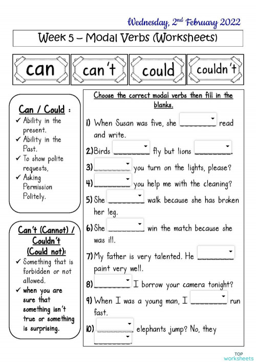 week 5 modal verb interactive worksheet topworksheets