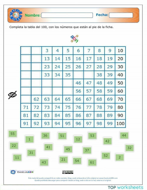 La tabla del 100 ABN completar2 07. Ficha interactiva TopWorksheets