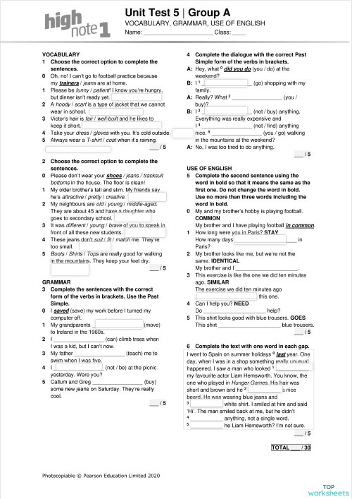 High Note 1 Unit 5 test. Interactive worksheet | TopWorksheets
