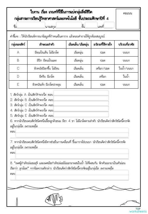 3. สัตว์มีกระดูกสันหลัง ใบงานเชิงโต้ตอบ | TopWorksheets