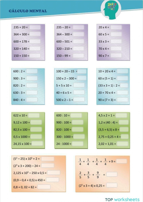 Cálculo mental 1. Ficha interactiva | TopWorksheets