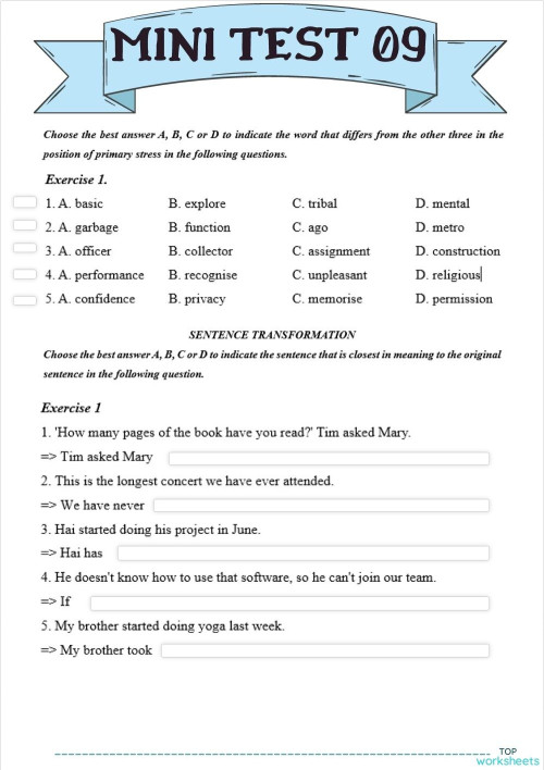 MINI TEST 09. Interactive worksheet | TopWorksheets
