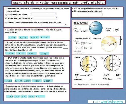 Esfera - geometria espacial. Ficha interativa | TopWorksheets