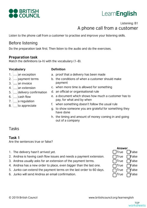 A phone call from a customer / Listening task. Interactive worksheet ...