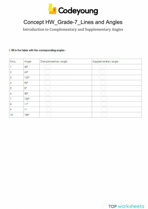 Introduction to Complementary and Supplementary Angles Concept HW ...