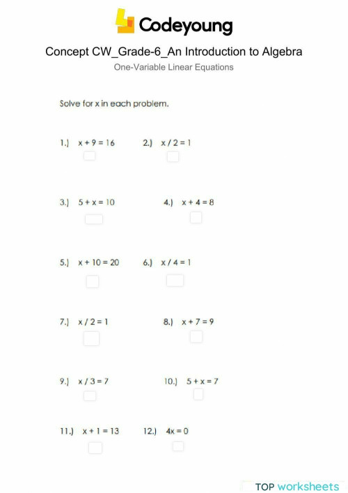 One-Variable Linear Equations Concept CW. Interactive worksheet ...