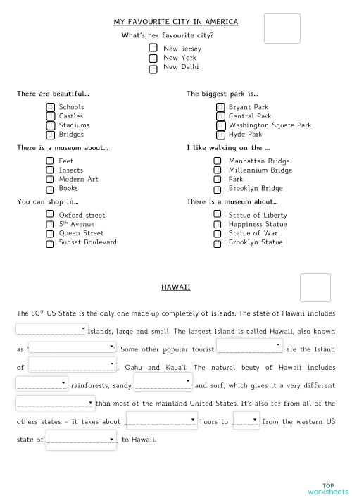 Favourite City + Hawaii. Interactive worksheet | TopWorksheets